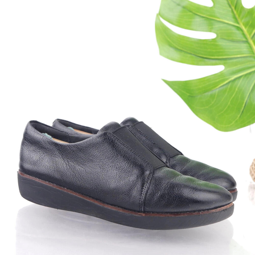 Fitflop Womens Slip On Loafer Shoes Size 7.5 Black Leather Laceless Derby Toning